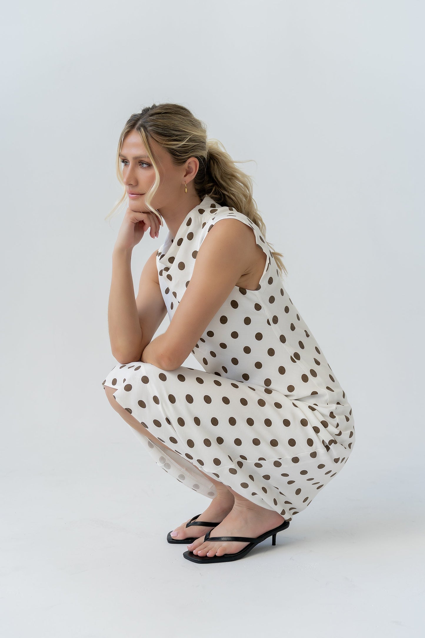 Tiffany Polka Dot Mock Neck Midi Dress OMFORT