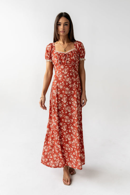 Camden Floral Maxi Dress in Rust OMFORT