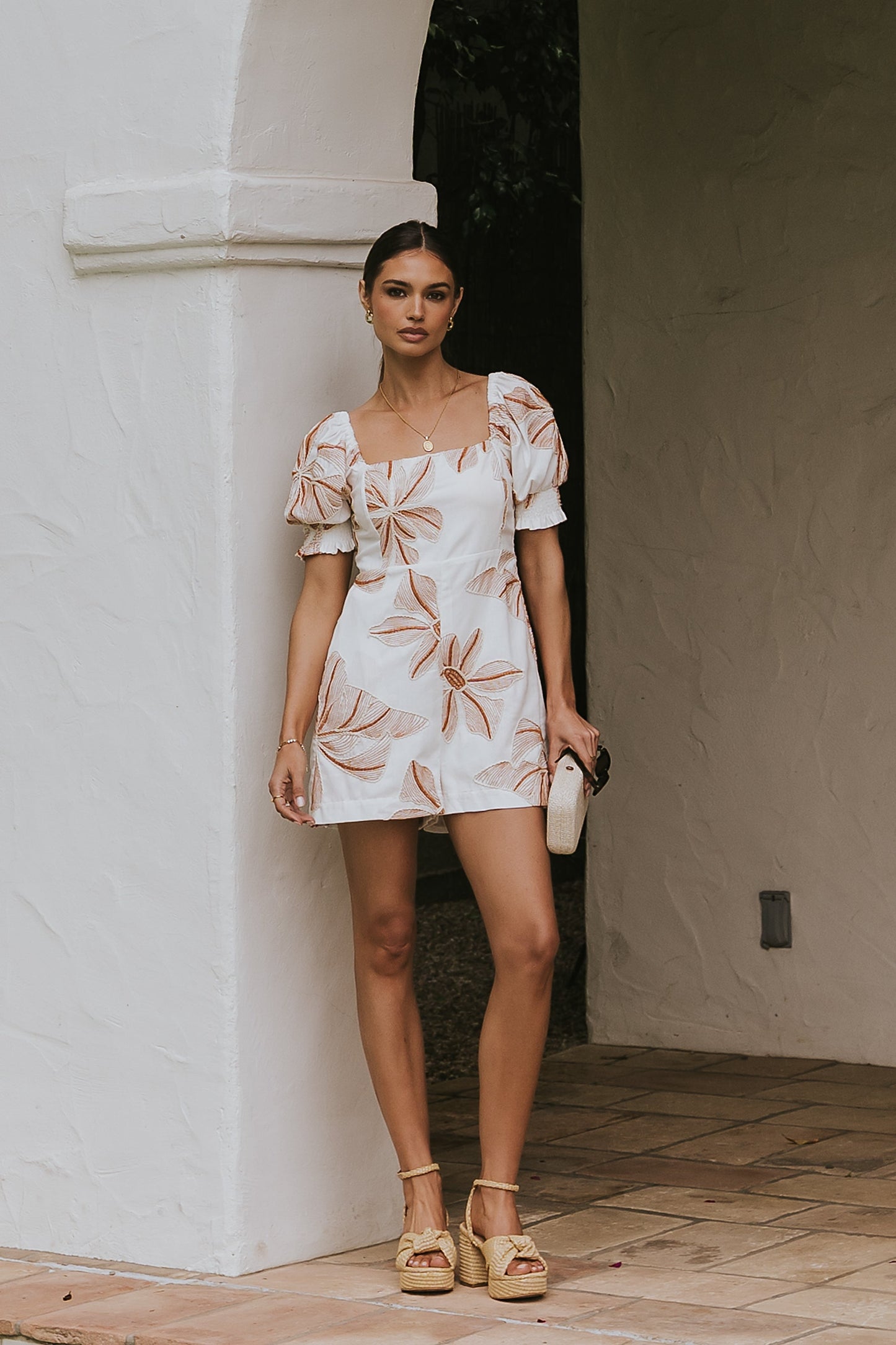 Mitsy Embroidered Floral Romper in Ivory OMFORT
