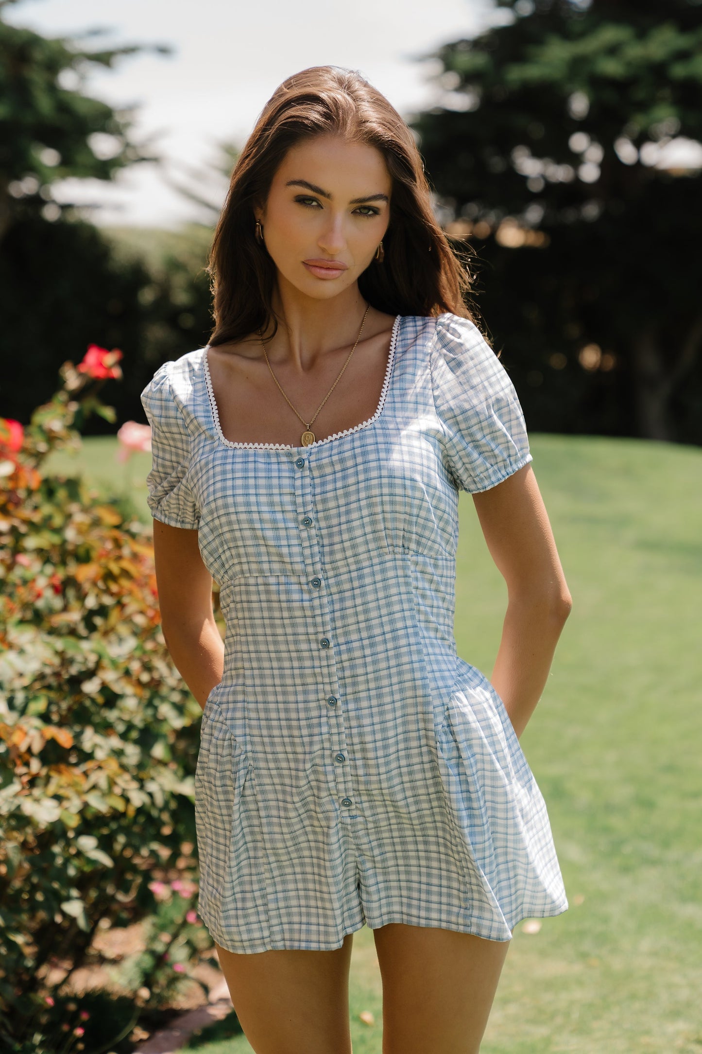 Aislynn Gingham Romper in Blue OMFORT