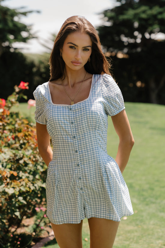 Aislynn Gingham Romper in Blue OMFORT