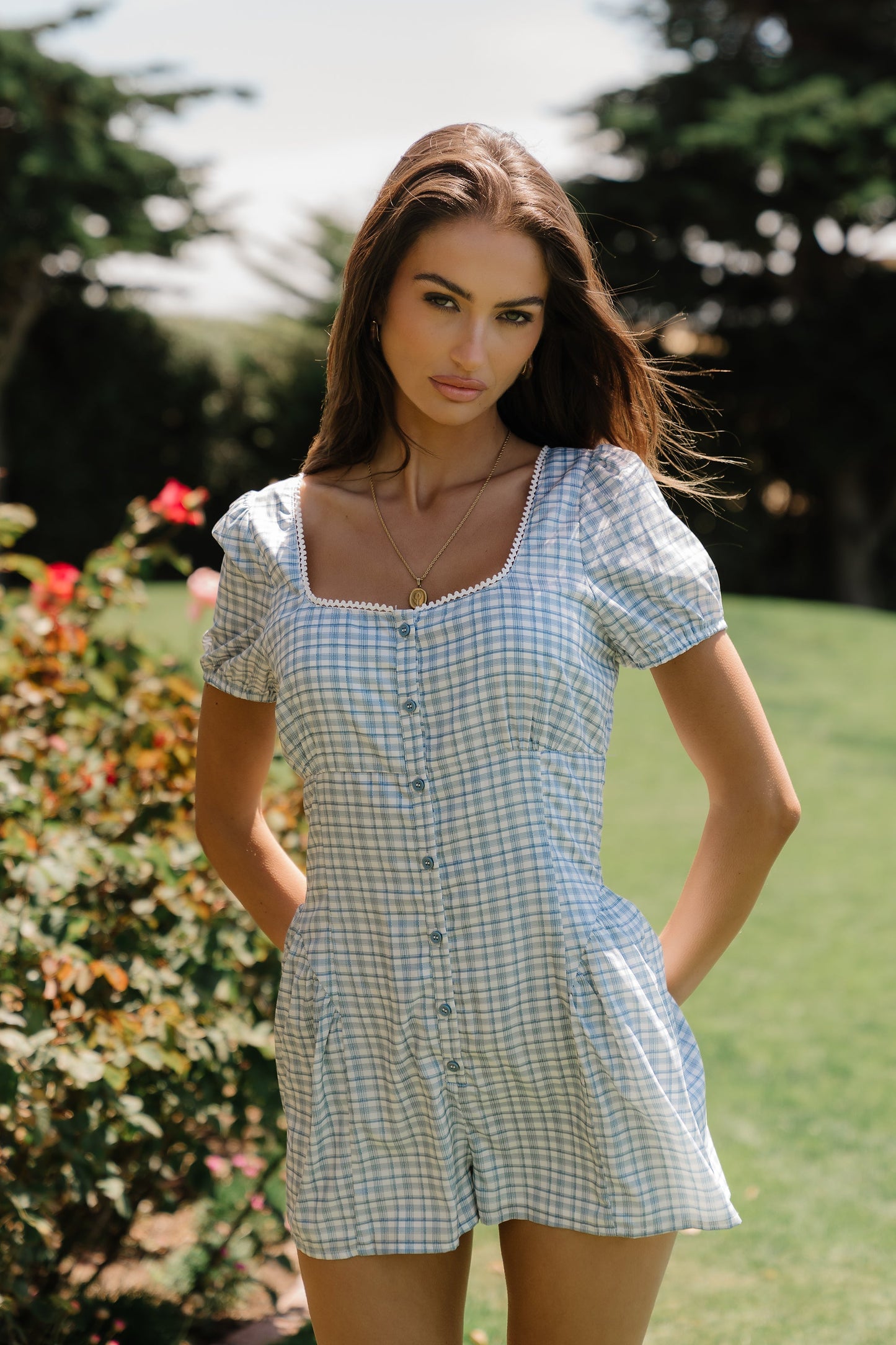 Aislynn Gingham Romper in Blue OMFORT