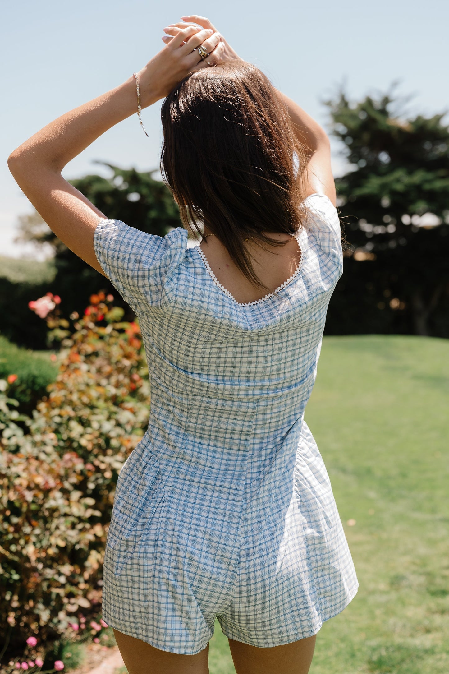 Aislynn Gingham Romper in Blue OMFORT