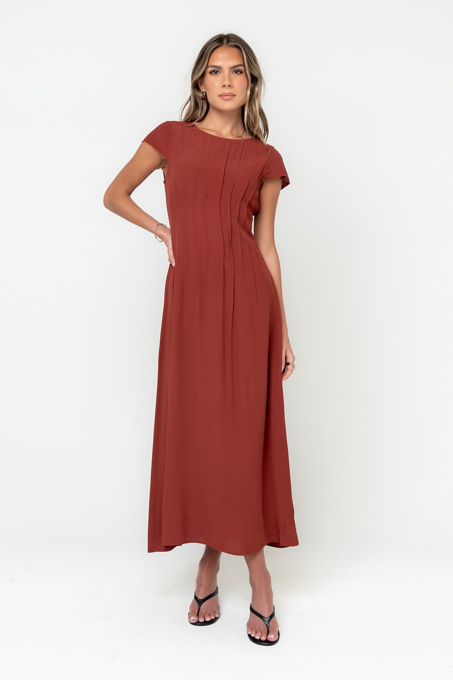 Carolina Pleated Maxi Dress in Brick OMFORT