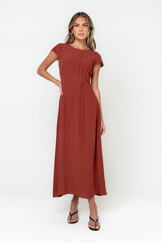 Carolina Pleated Maxi Dress in Brick OMFORT