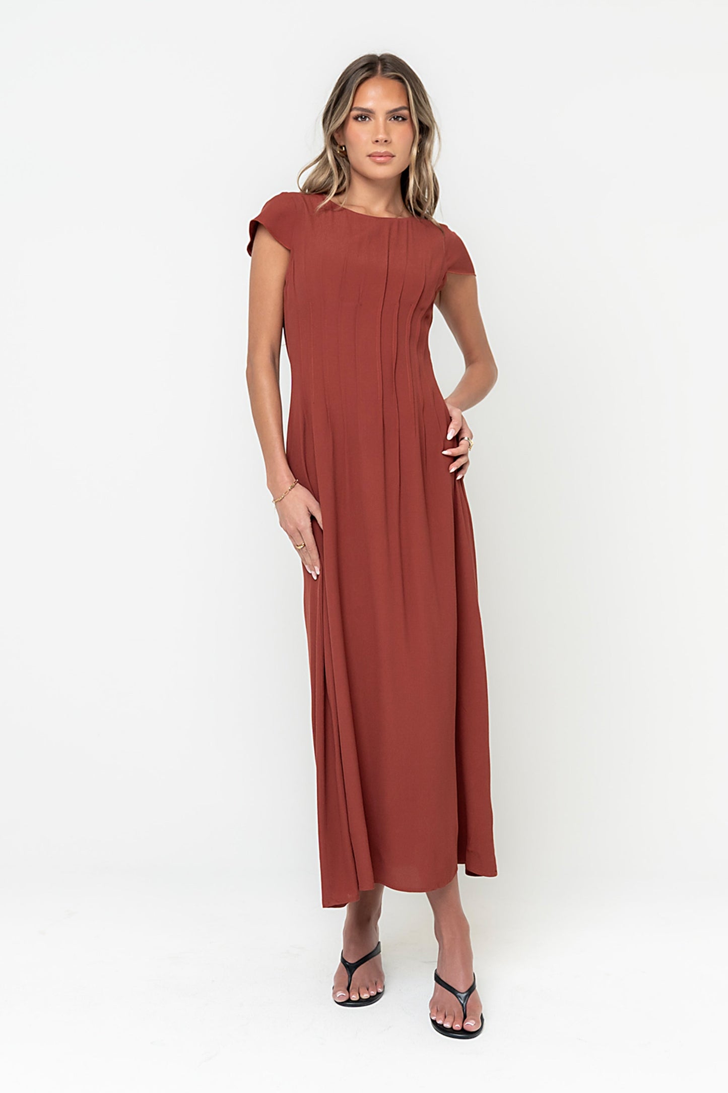 Carolina Pleated Maxi Dress in Brick OMFORT