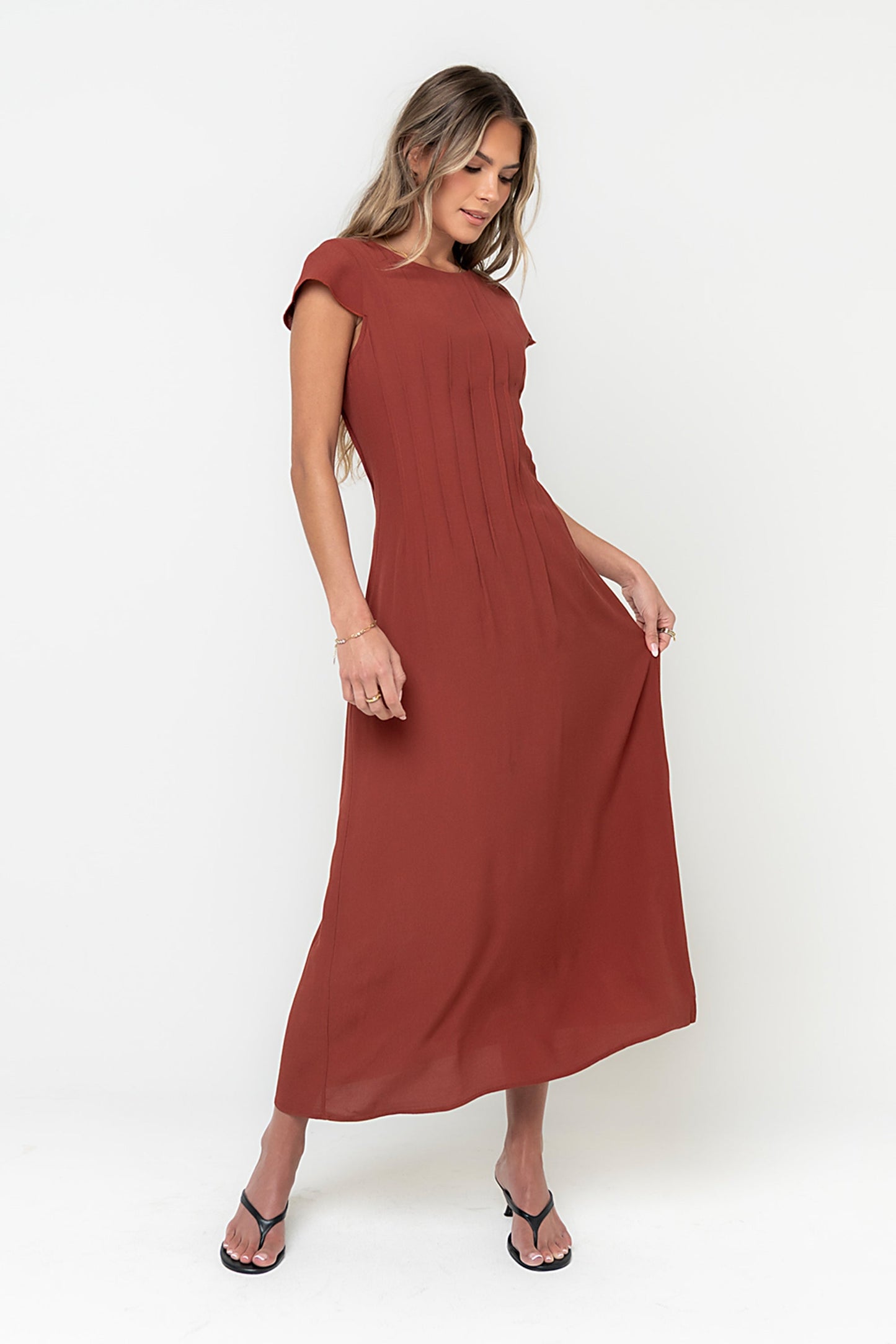 Carolina Pleated Maxi Dress in Brick OMFORT