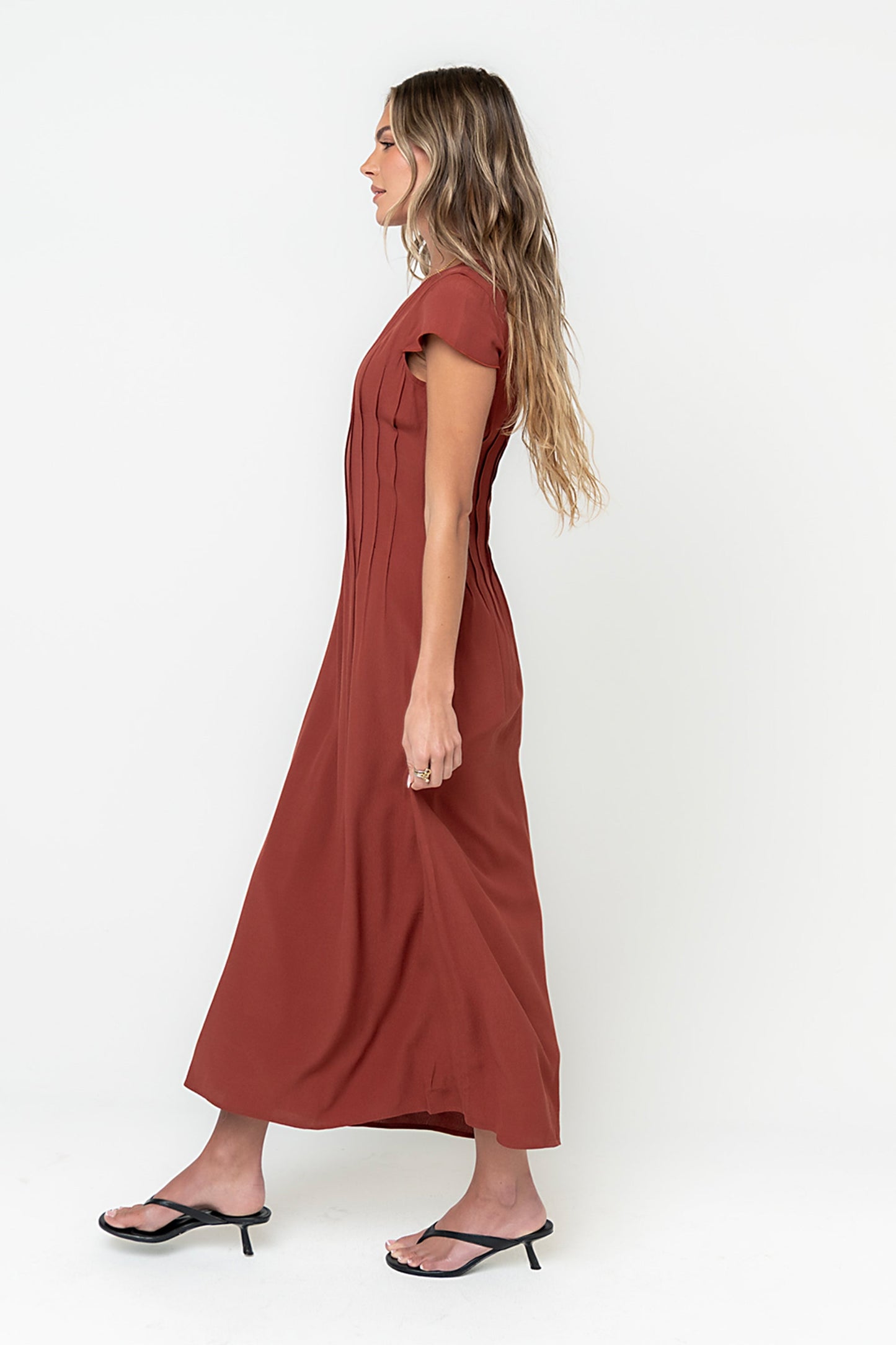 Carolina Pleated Maxi Dress in Brick OMFORT