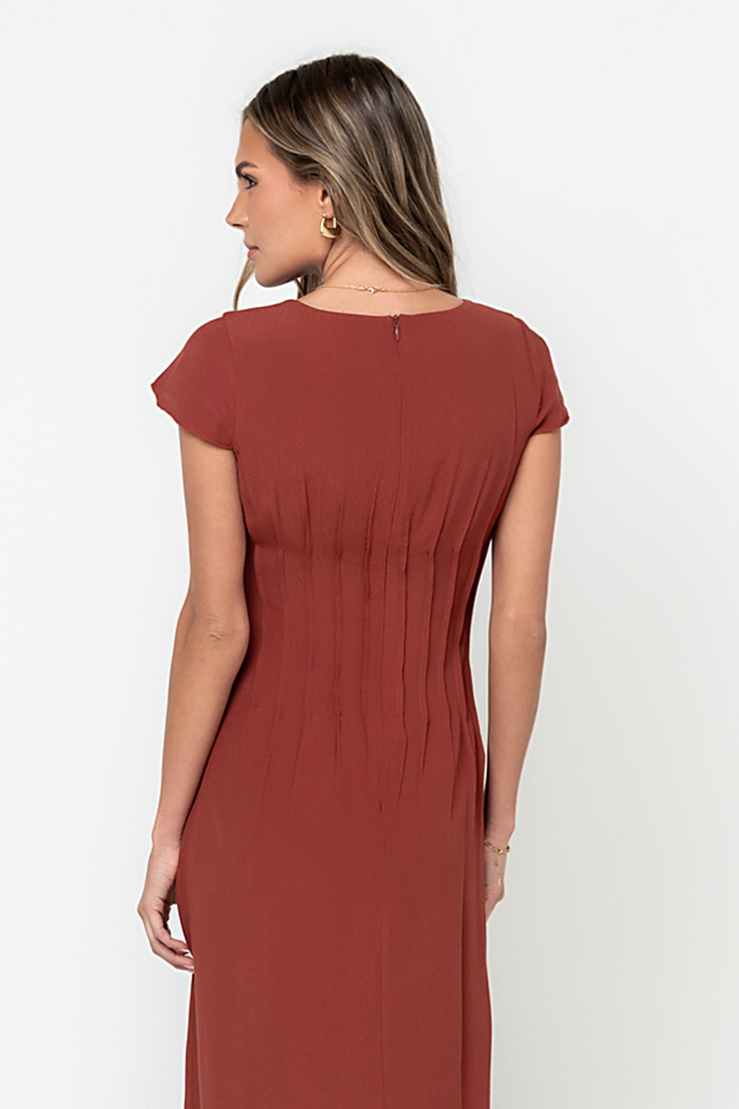 Carolina Pleated Maxi Dress in Brick OMFORT