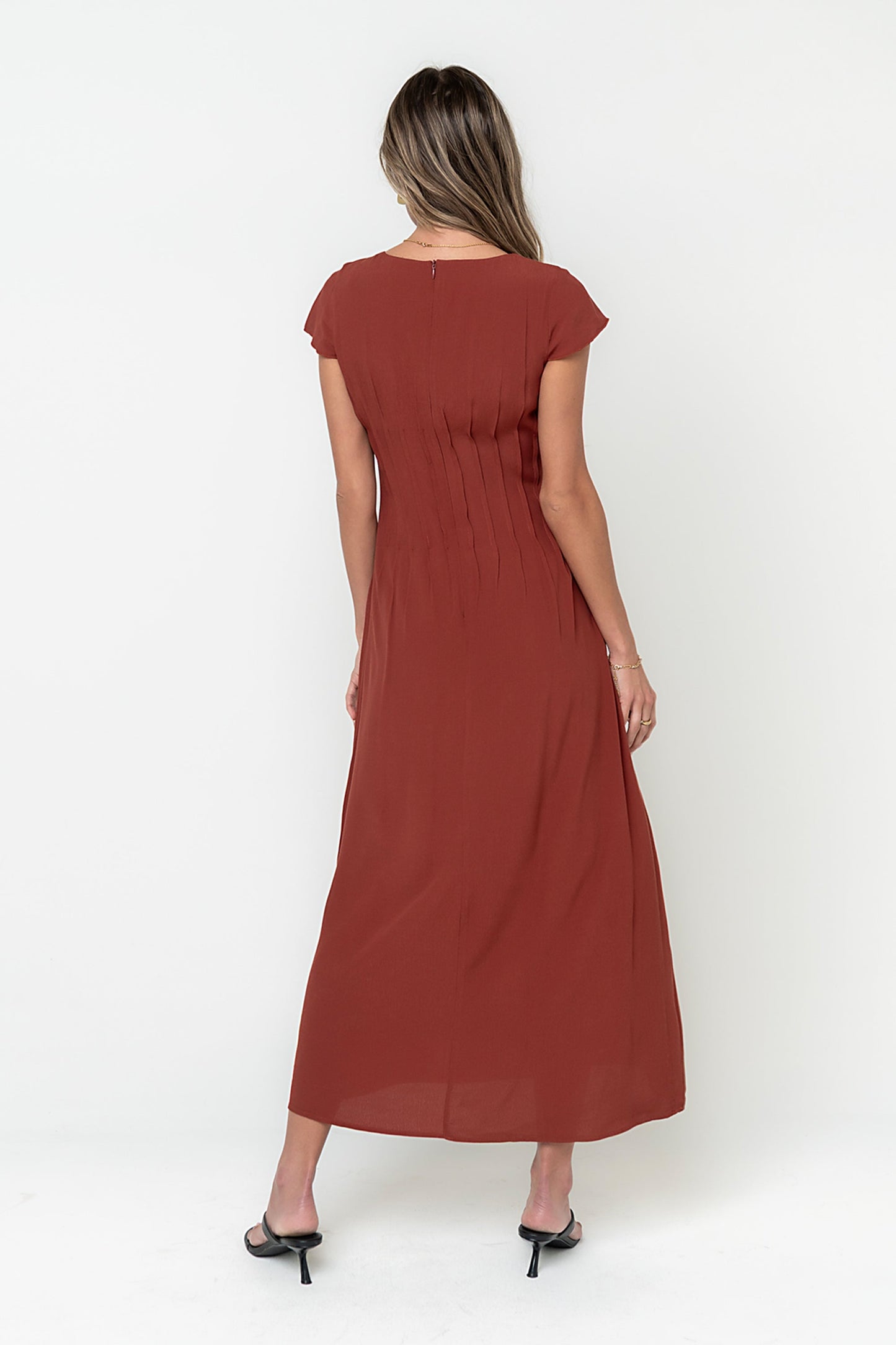 Carolina Pleated Maxi Dress in Brick OMFORT