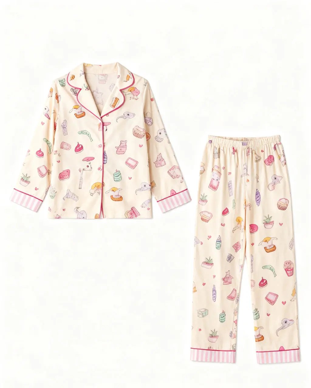 Multi-Element Cartoon Print Lapel Pajama Set OMFORT