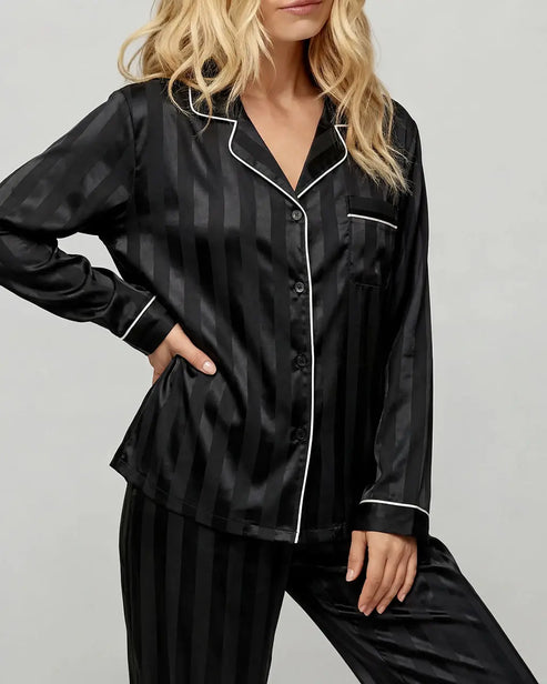 Contrast Stripe Satin Pajamas Set OMFORT