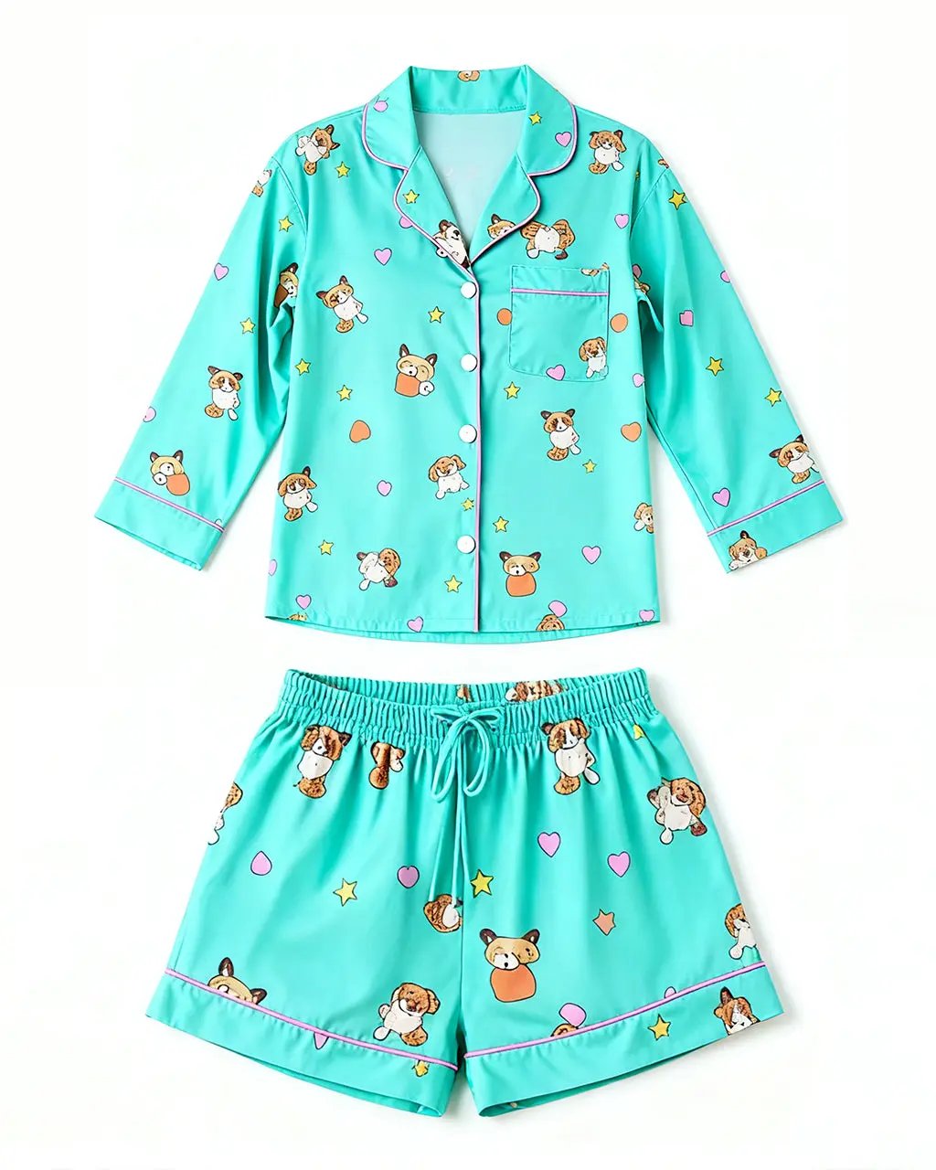 Mint Green Cute Animal Print Lapel Pajama Set OMFORT