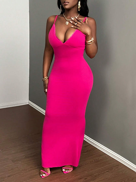 Deep V-Neck Spaghetti Strap Bodycon Maxi Dress OMFORT