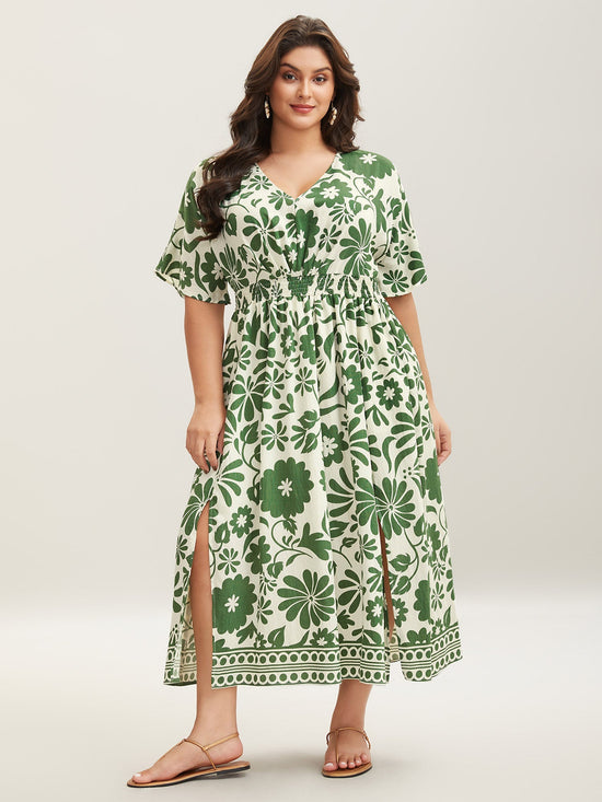 Large Floral Print Pockets Midi Dress OMFORT