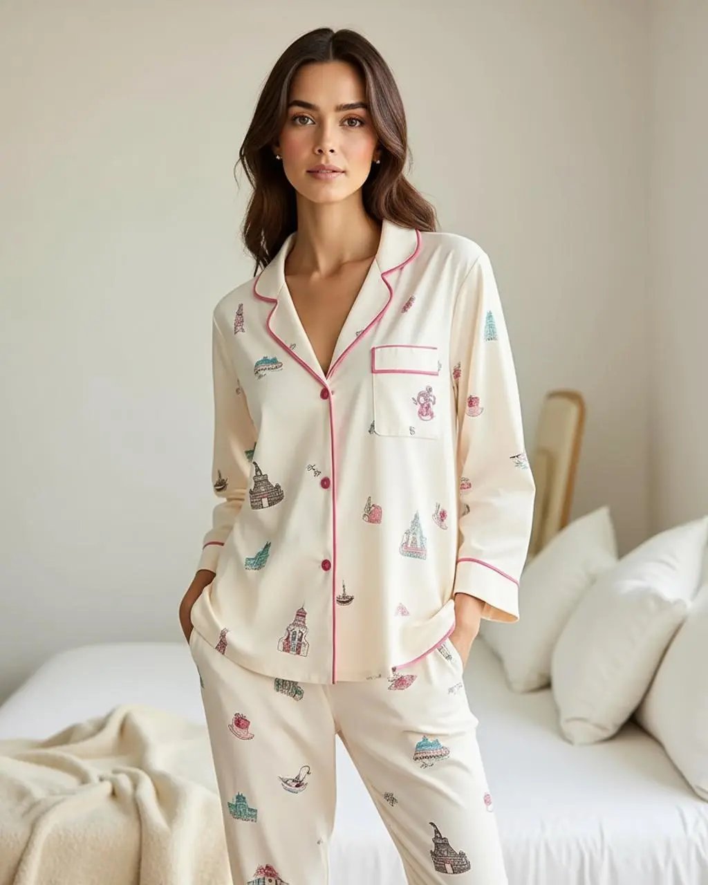 Urban Landmark Print Lapel Pajama Set OMFORT