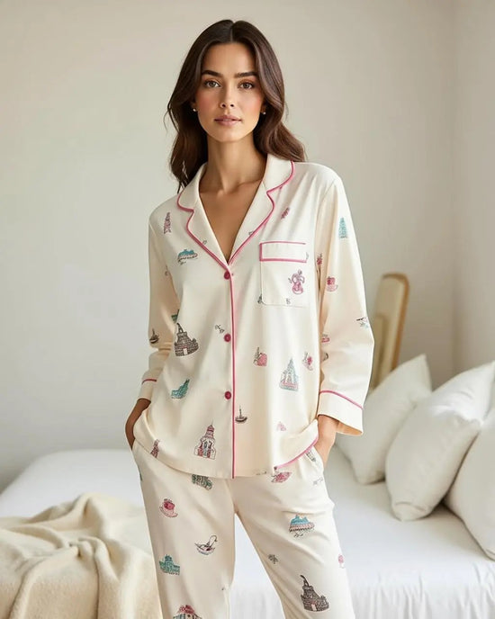 Urban Landmark Print Lapel Pajama Set OMFORT