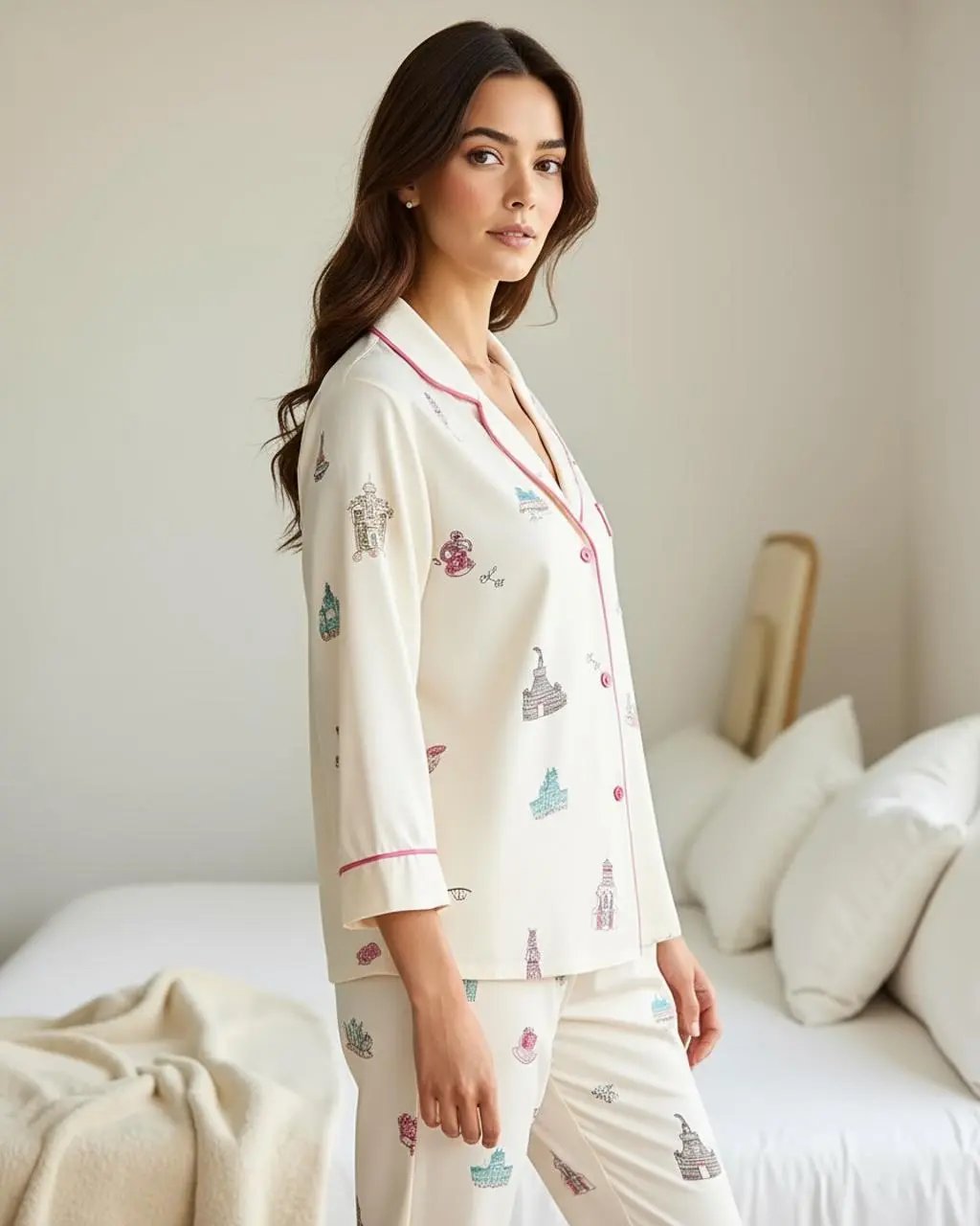 Urban Landmark Print Lapel Pajama Set OMFORT