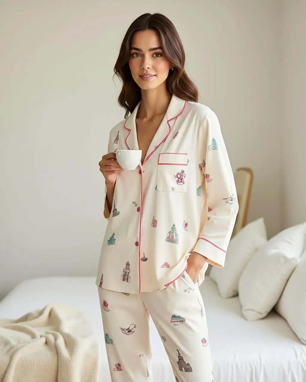 Urban Landmark Print Lapel Pajama Set OMFORT