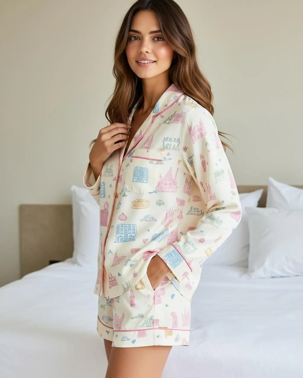 Funky Architectural Pattern Lapel Pajama Set OMFORT