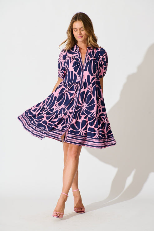 PRE ORDER Felicia Shirt Dress In Pink And Navy Floral OMFORT