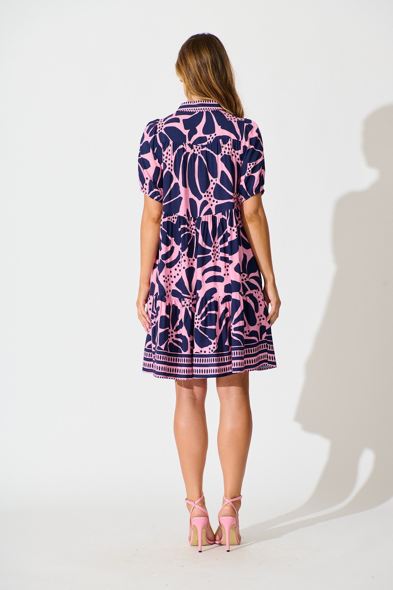 PRE ORDER Felicia Shirt Dress In Pink And Navy Floral OMFORT