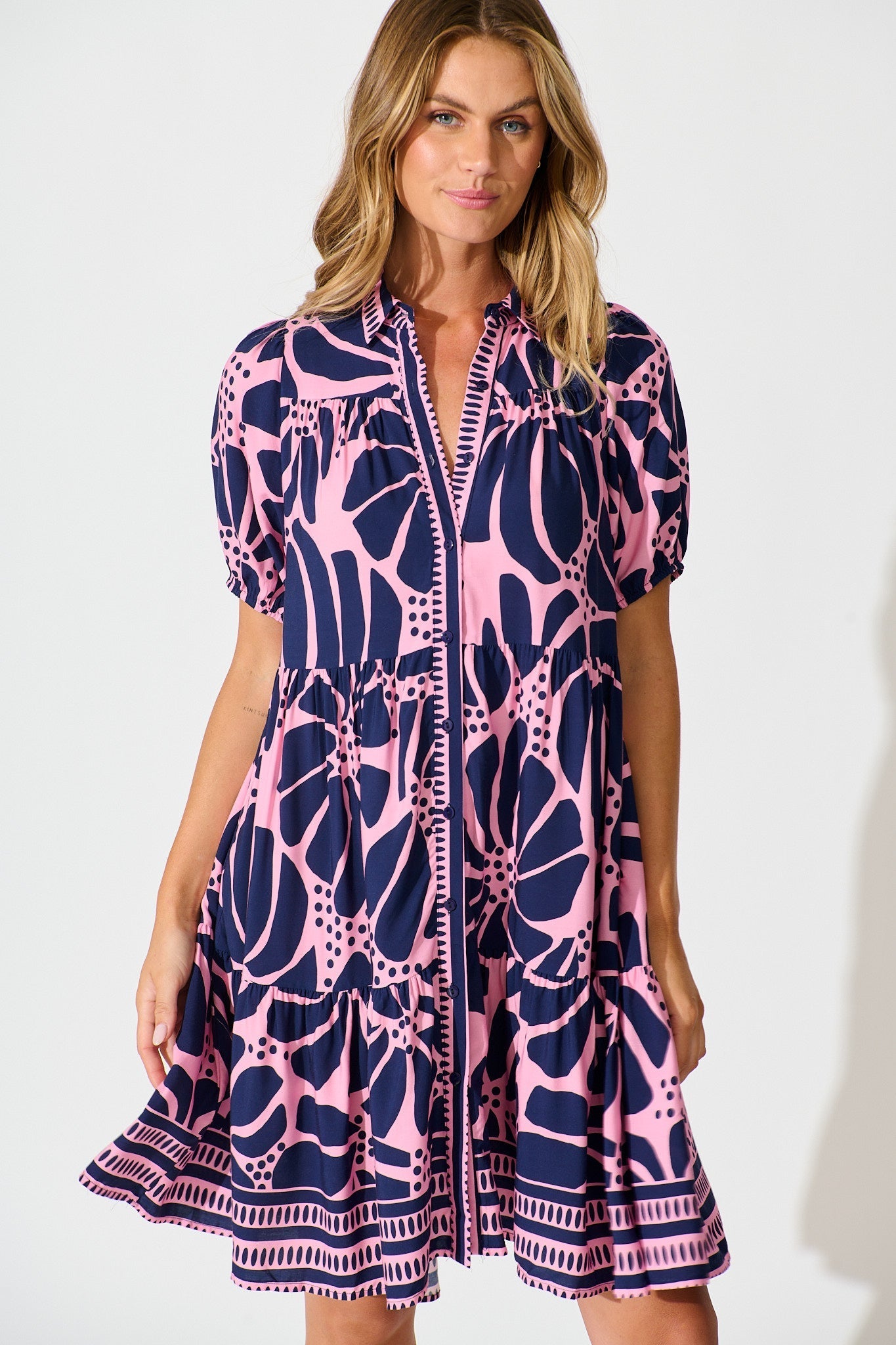 PRE ORDER Felicia Shirt Dress In Pink And Navy Floral OMFORT