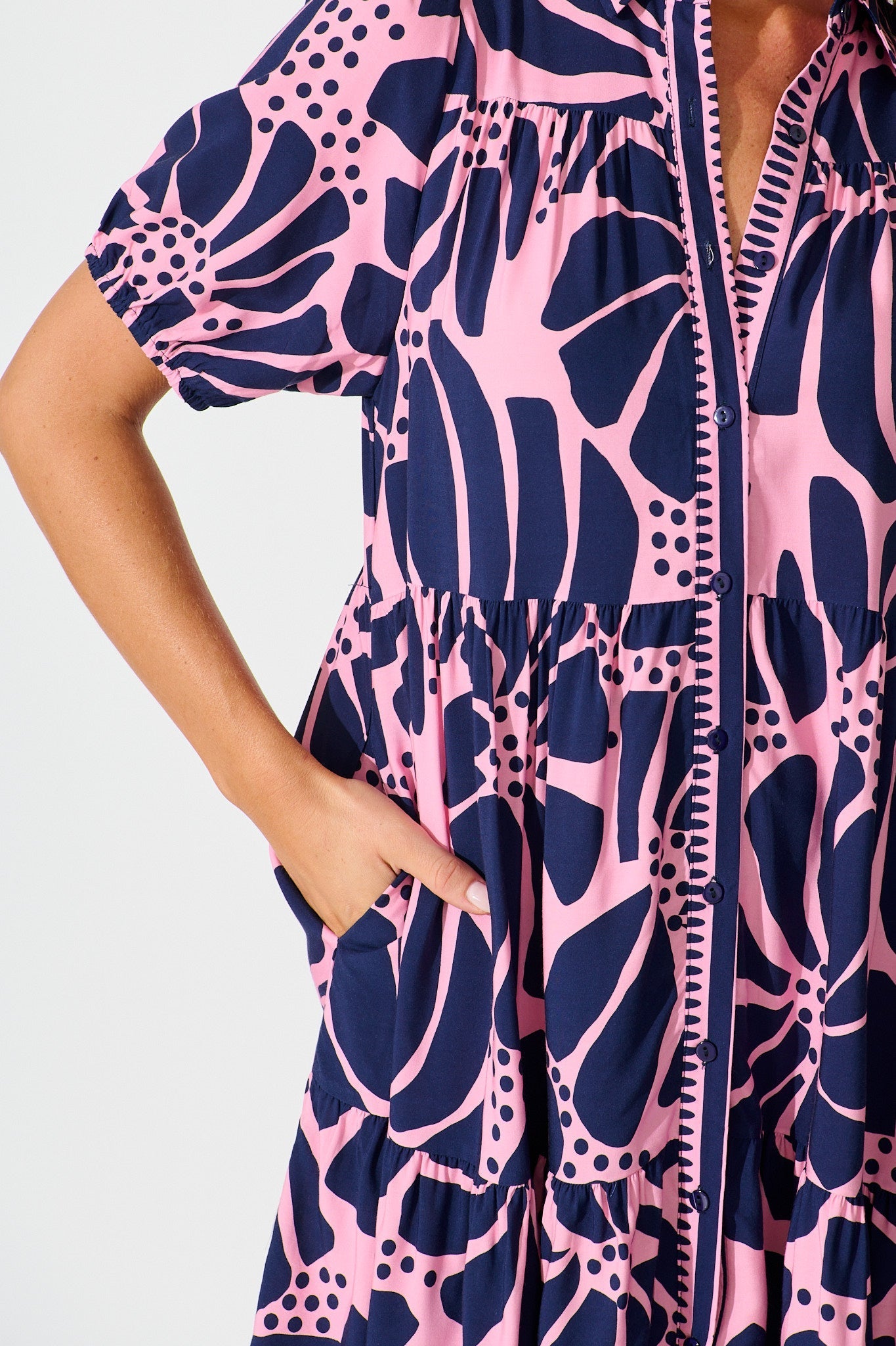 PRE ORDER Felicia Shirt Dress In Pink And Navy Floral OMFORT