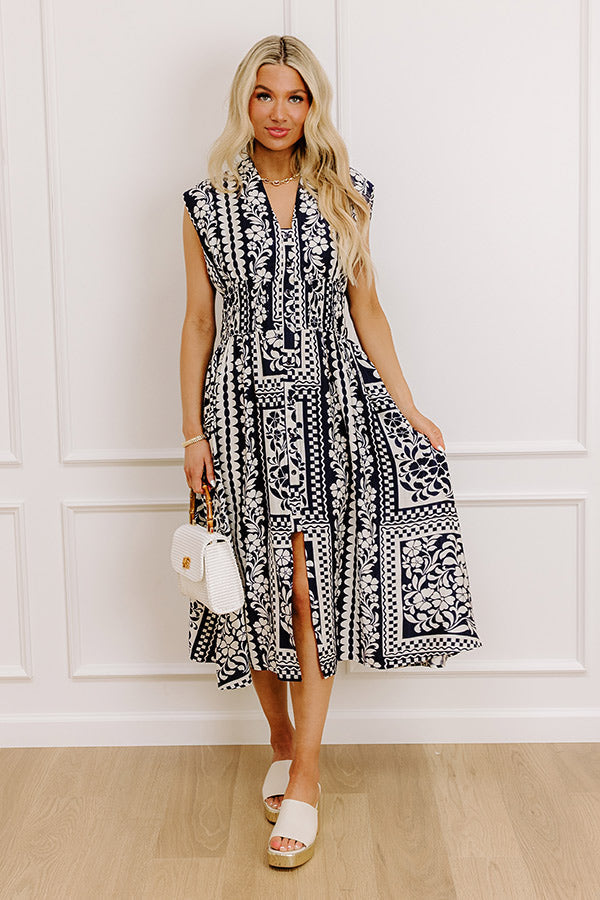 Hawaii Holiday Floral Midi Dress in Navy OMFORT