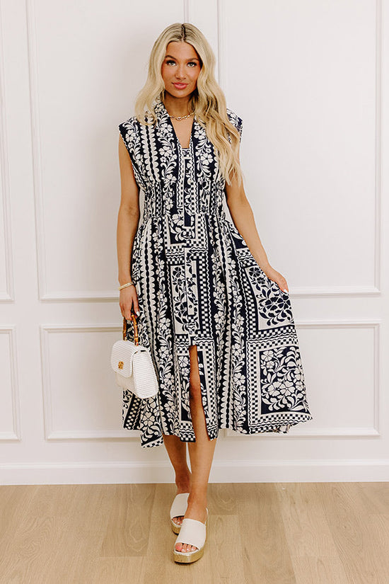 Hawaii Holiday Floral Midi Dress in Navy OMFORT