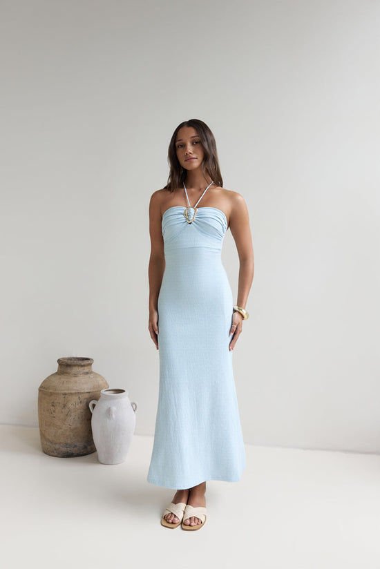 Karmic Blessing Strapless Halter Maxi Dress Blue OMFORT
