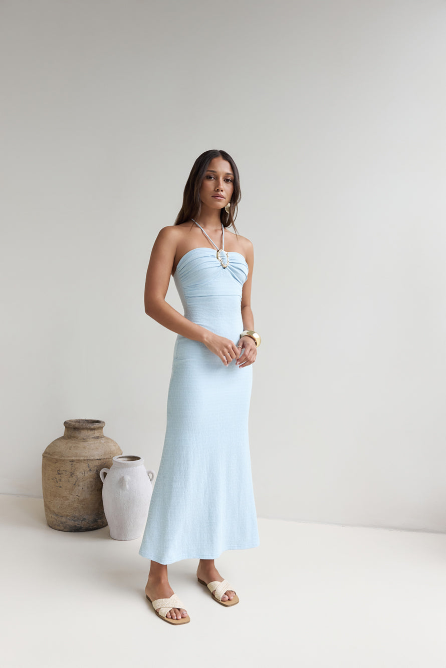 Karmic Blessing Strapless Halter Maxi Dress Blue OMFORT