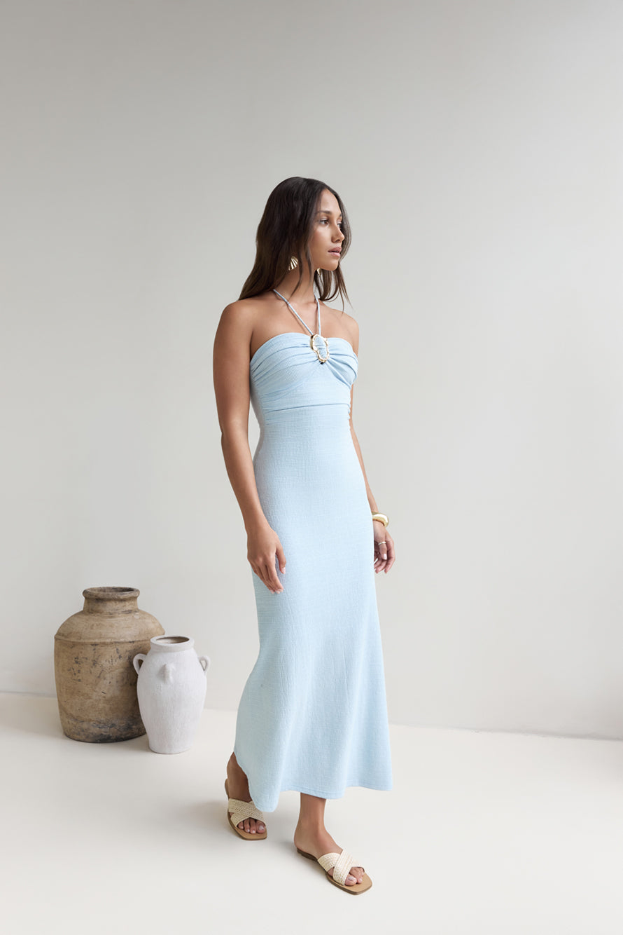 Karmic Blessing Strapless Halter Maxi Dress Blue OMFORT