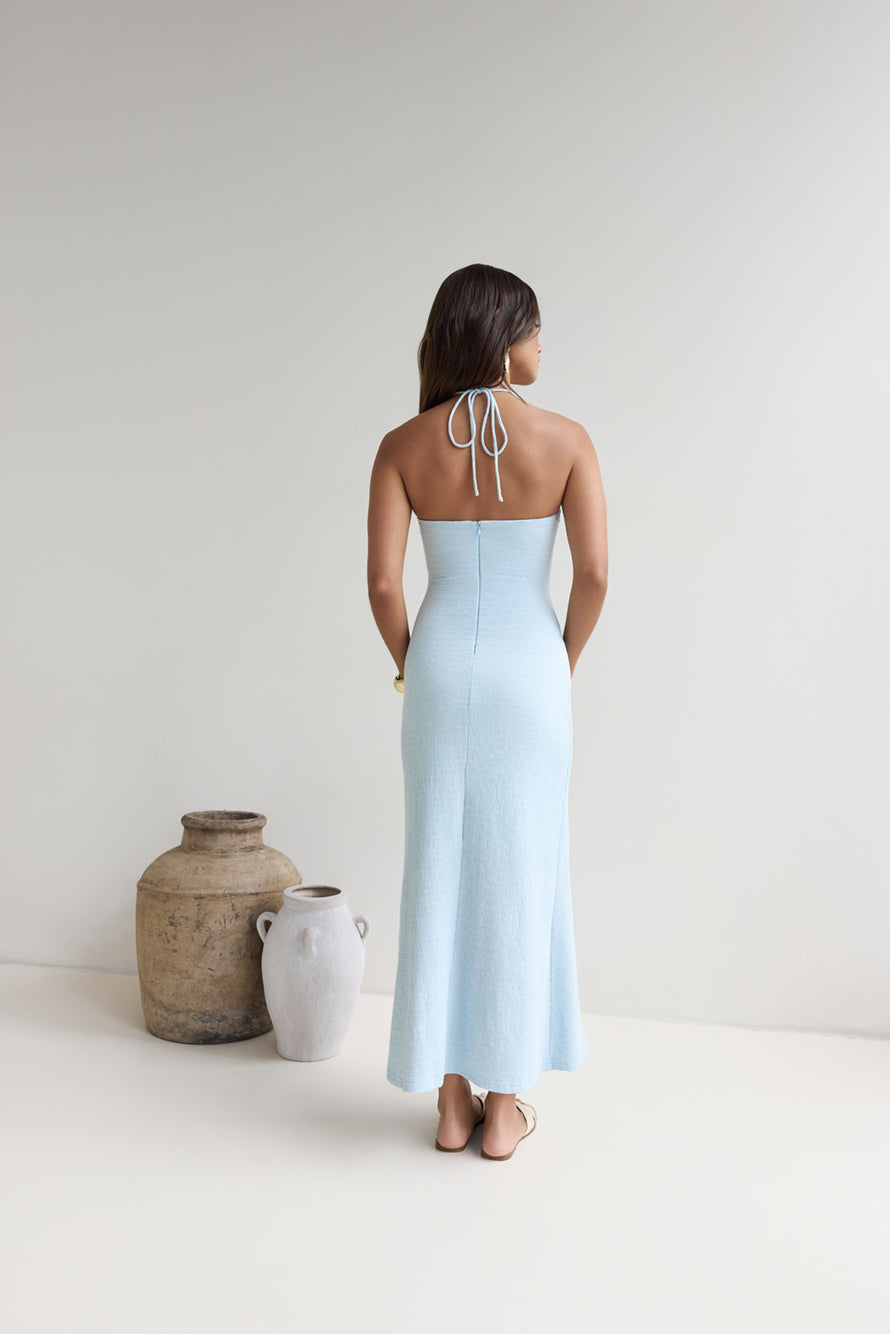 Karmic Blessing Strapless Halter Maxi Dress Blue OMFORT
