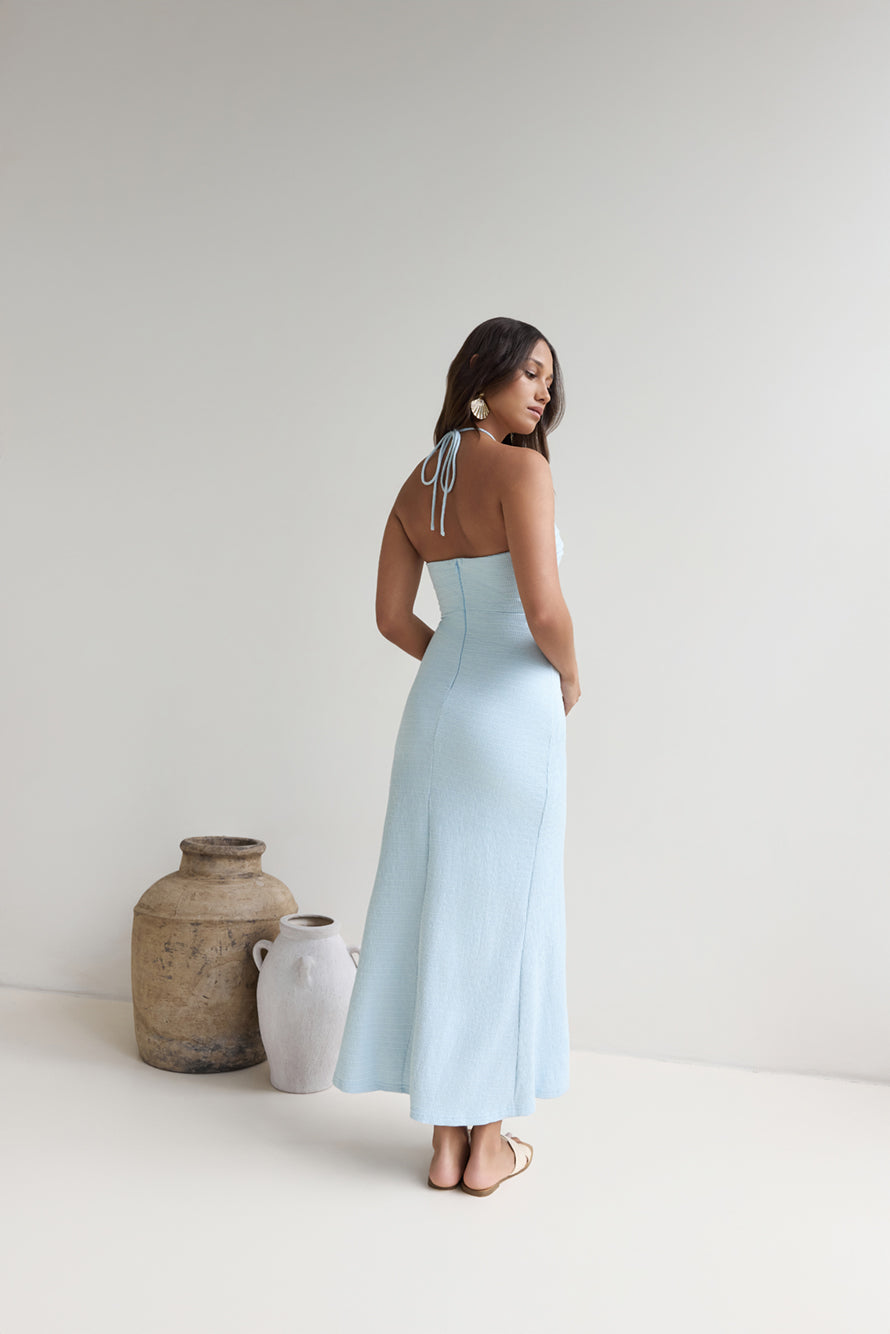 Karmic Blessing Strapless Halter Maxi Dress Blue OMFORT