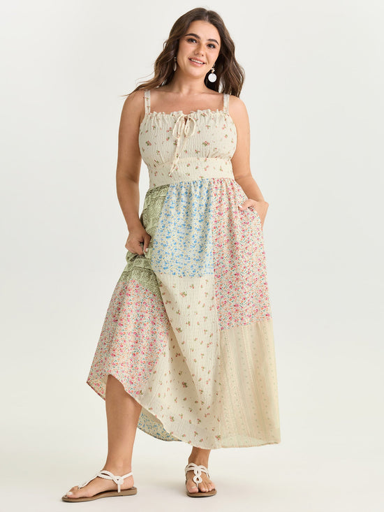 Floral Patchwork Print Drawstring Maxi Dress OMFORT