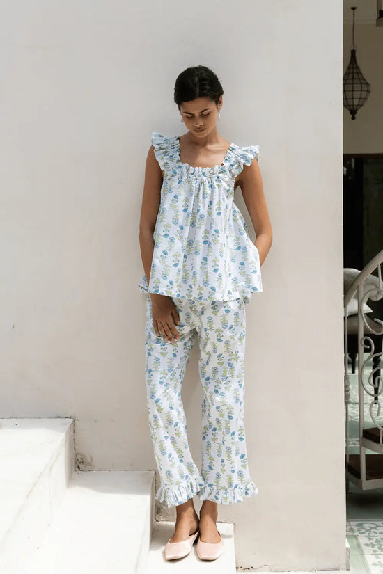 Nicolette Sleep Set - Pants - Lotus Flower - Blue OMFORT