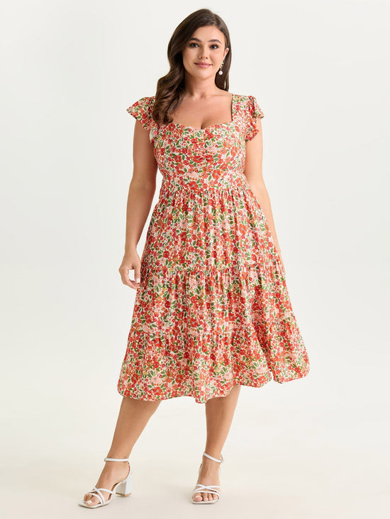 Floral Print Sweetheart Neckline Midi Dress OMFORT