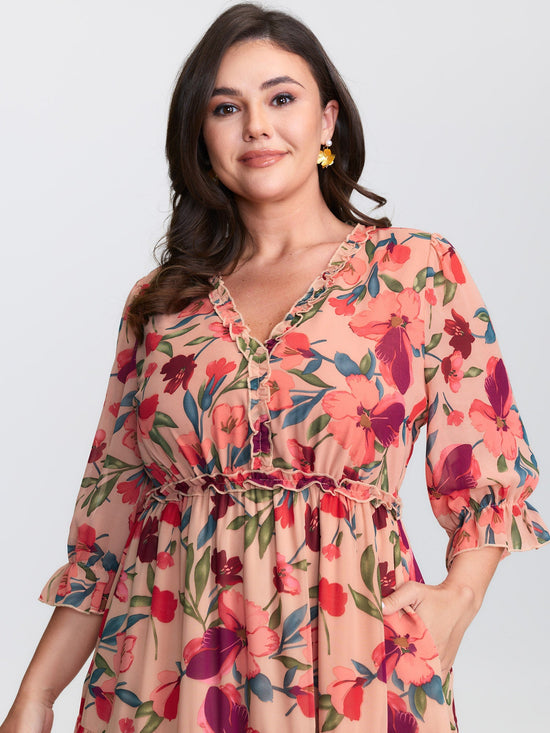 Romantic Floral Print Ruffled Edge Maxi Dress OMFORT