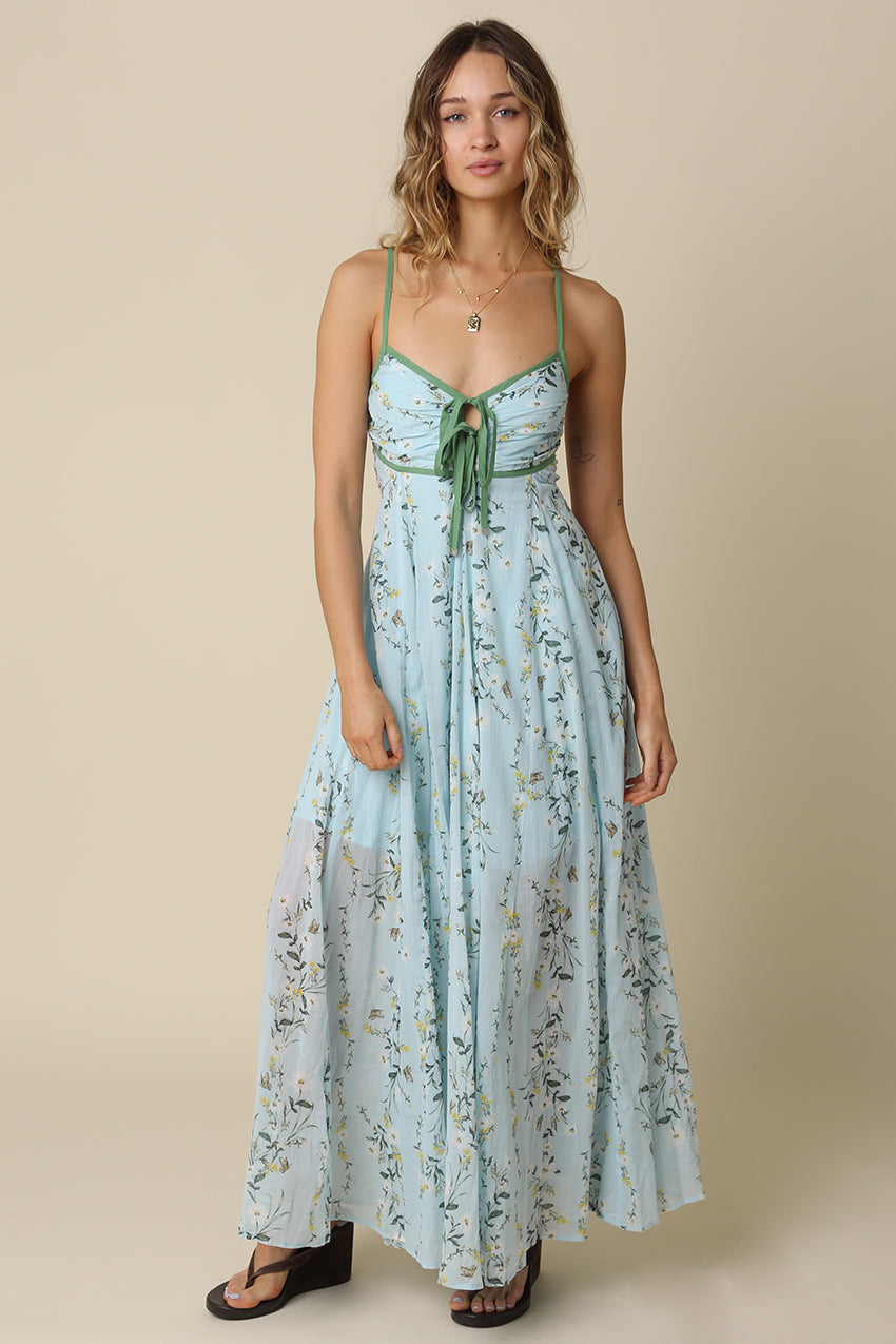 Floral Maxi Dress With Tie Front Detail OMFORT
