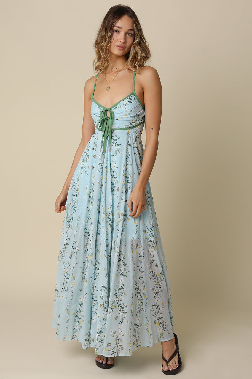 Floral Maxi Dress With Tie Front Detail OMFORT