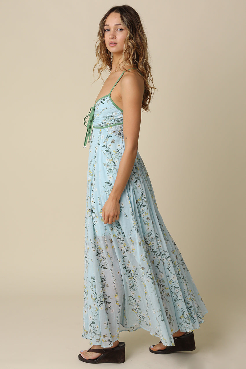 Floral Maxi Dress With Tie Front Detail OMFORT