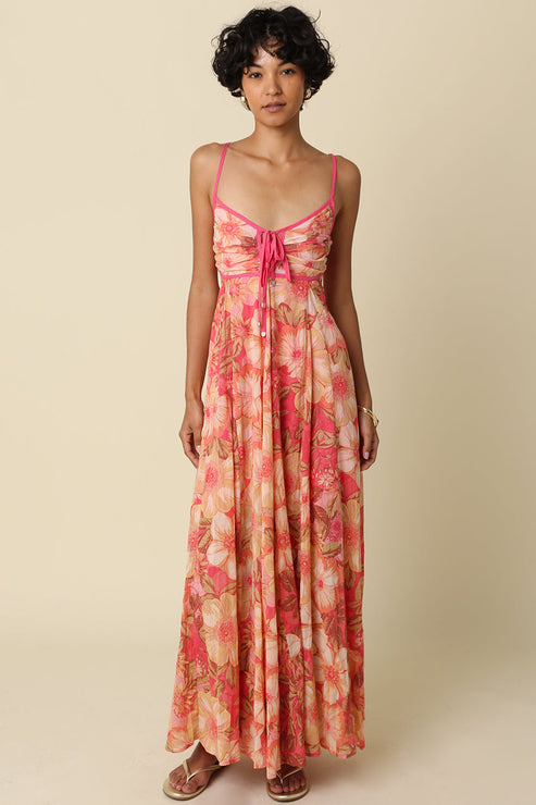 Floral Maxi Dress With Pink Trim OMFORT