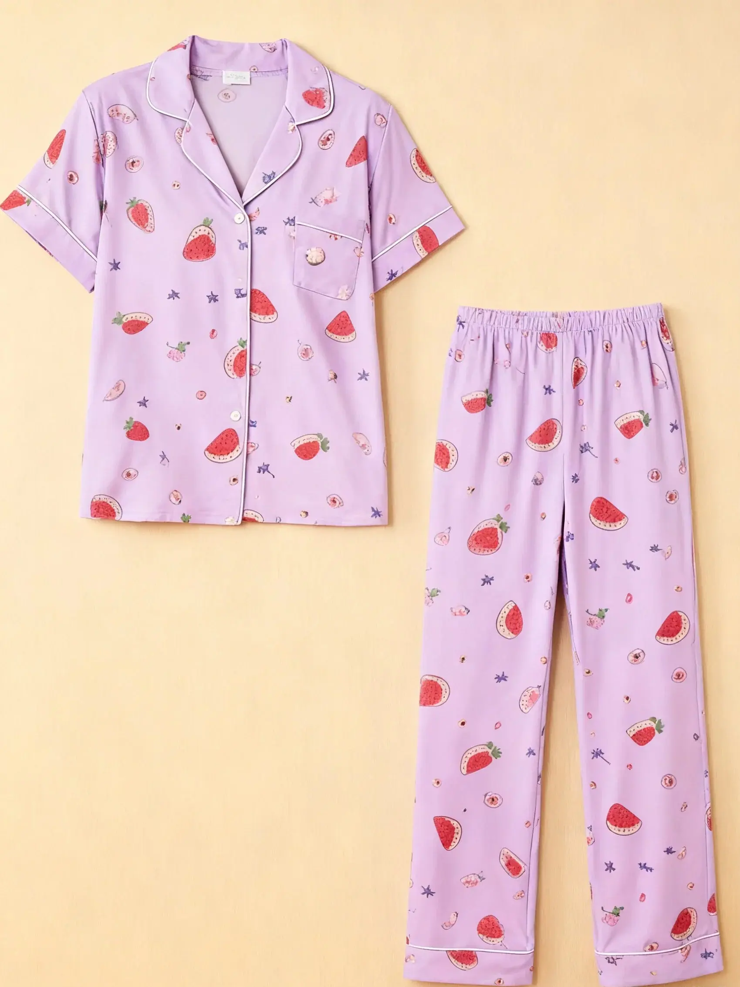 Fruit-Print Light Purple Short-Sleeve Pajama Set OMFORT
