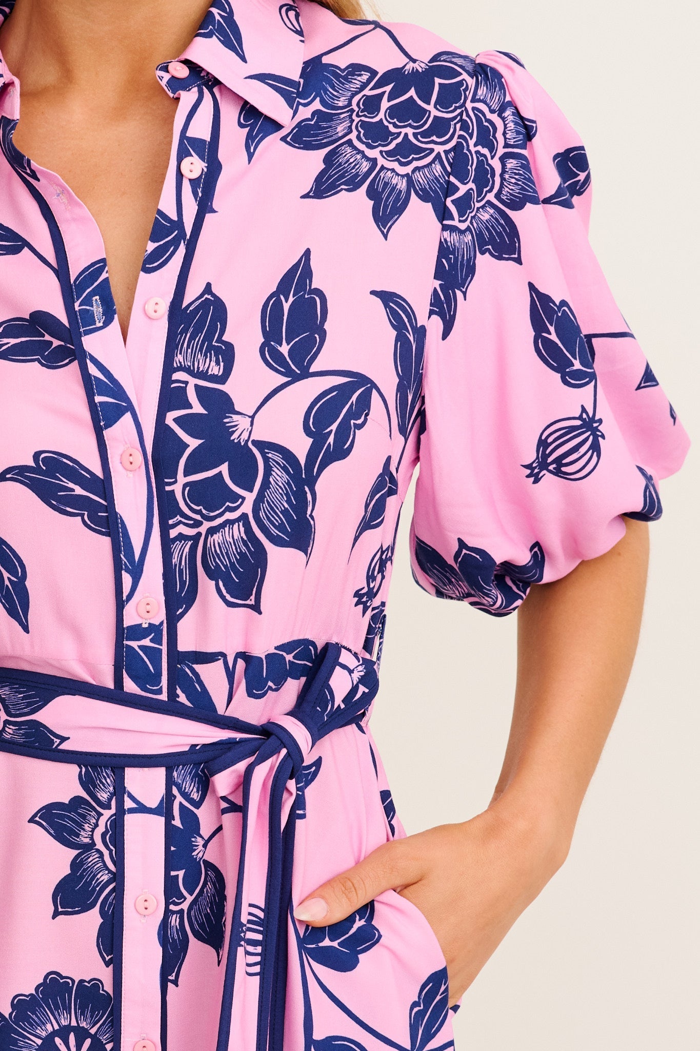 Dusk Soiree Shirt Dress in Pink with Navy Floral OMFORT