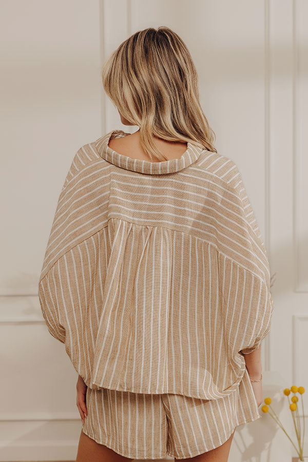 Coastal Ease Oversized Crop Button Up Top in Iced Latte OMFORT