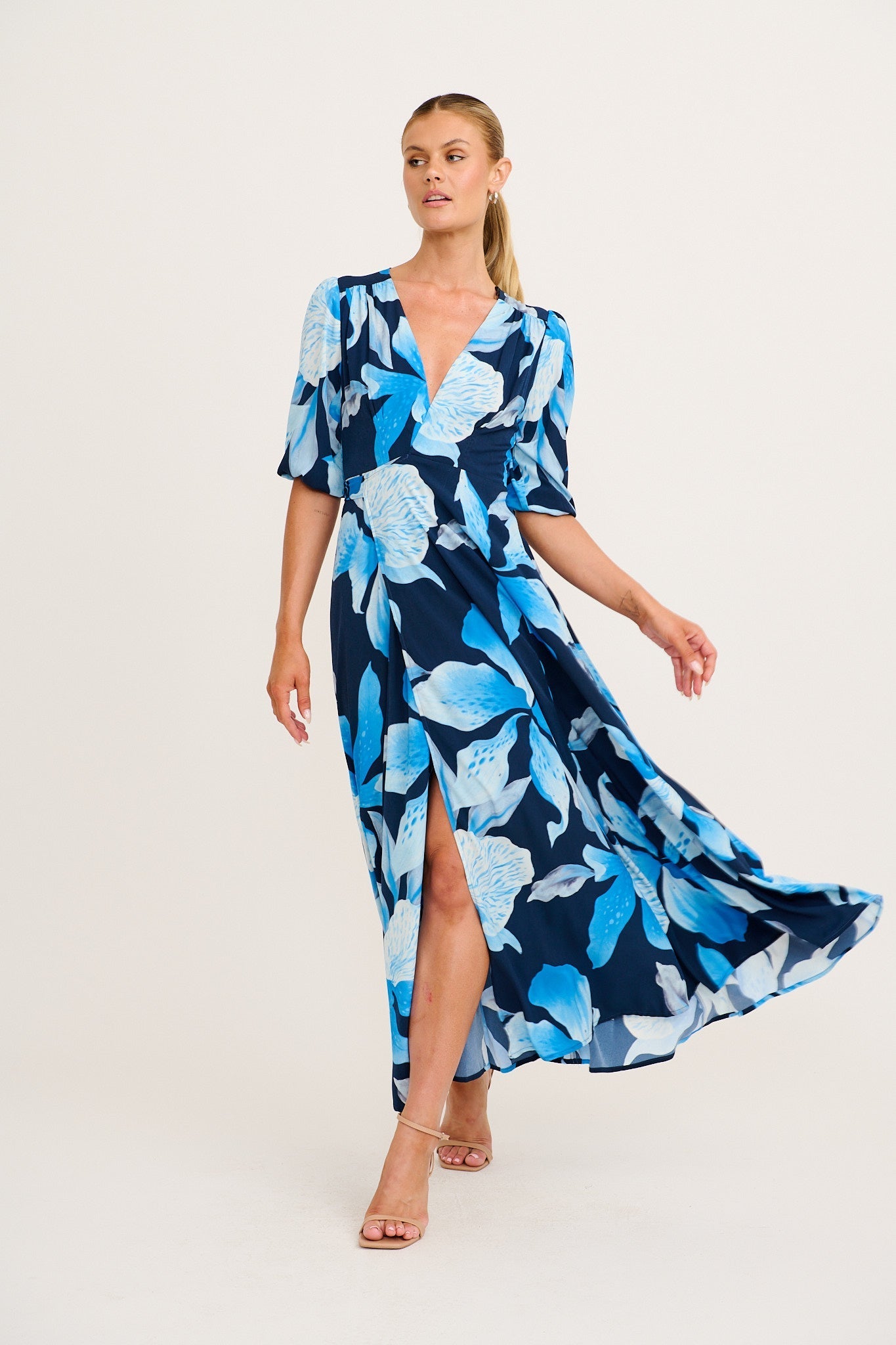 Ronda Maxi Wrap Dress in in Navy with Blue Floral OMFORT