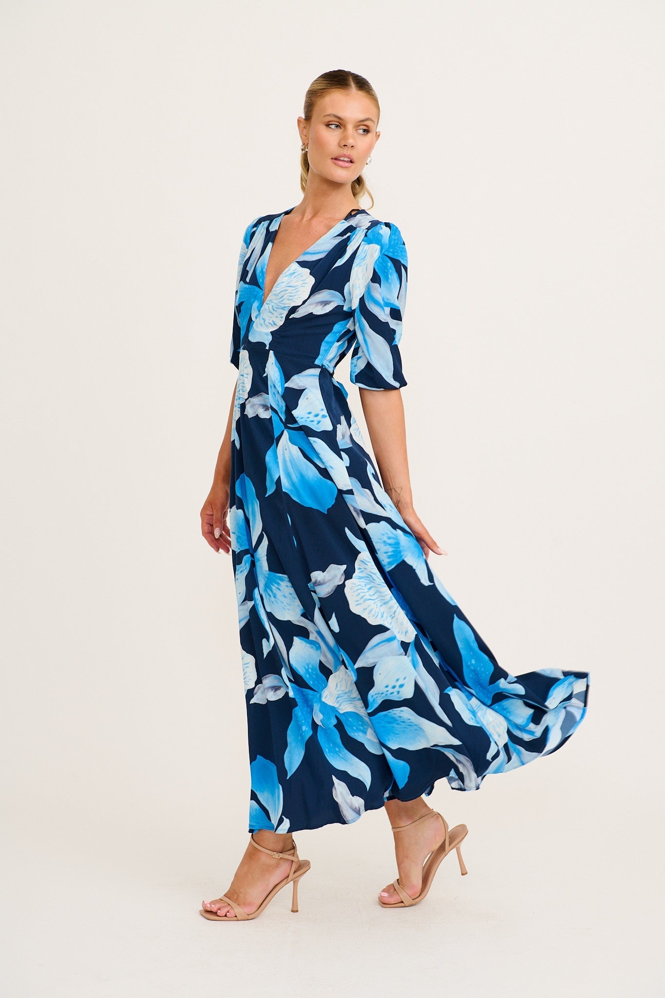 Ronda Maxi Wrap Dress in in Navy with Blue Floral OMFORT