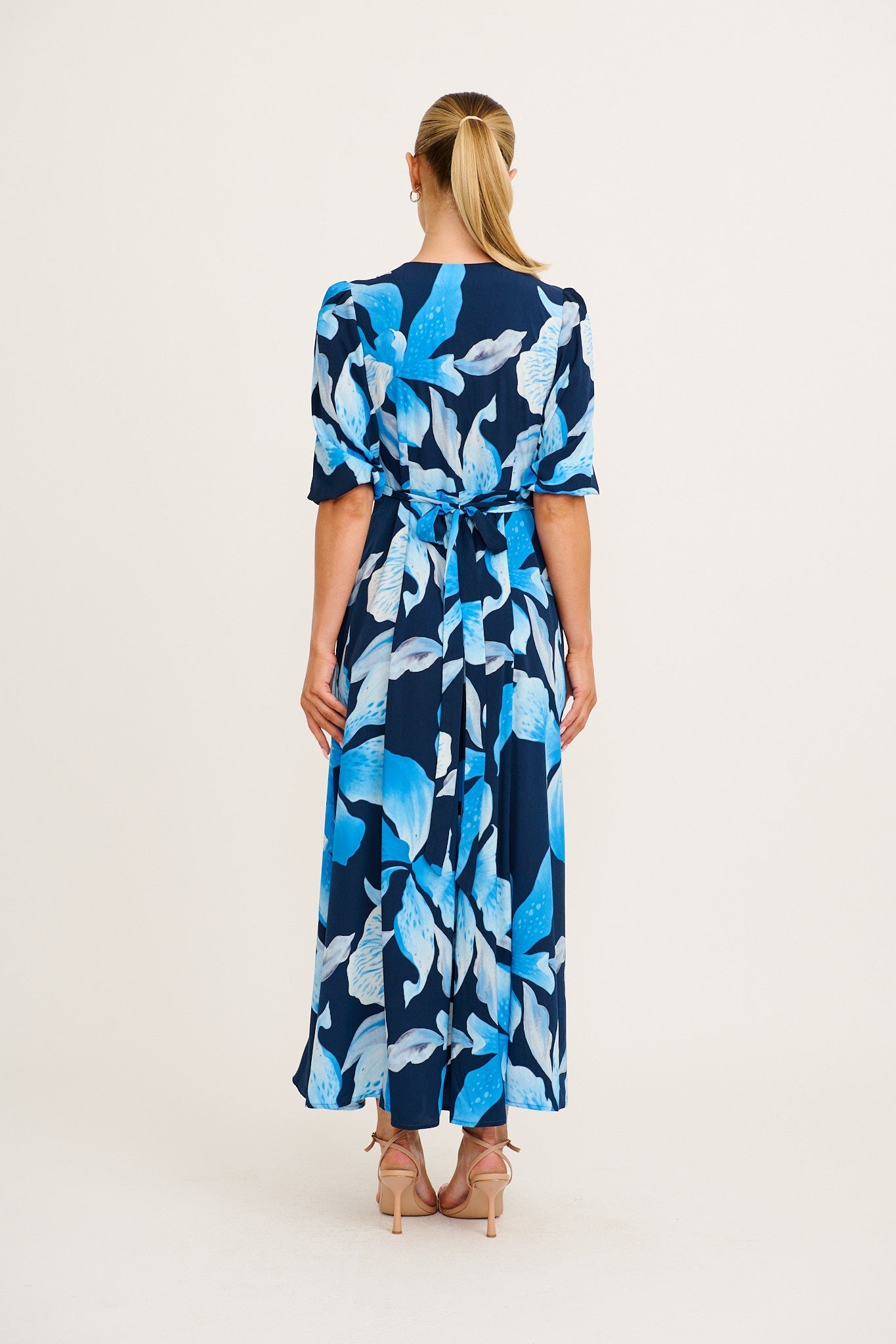 Ronda Maxi Wrap Dress in in Navy with Blue Floral OMFORT