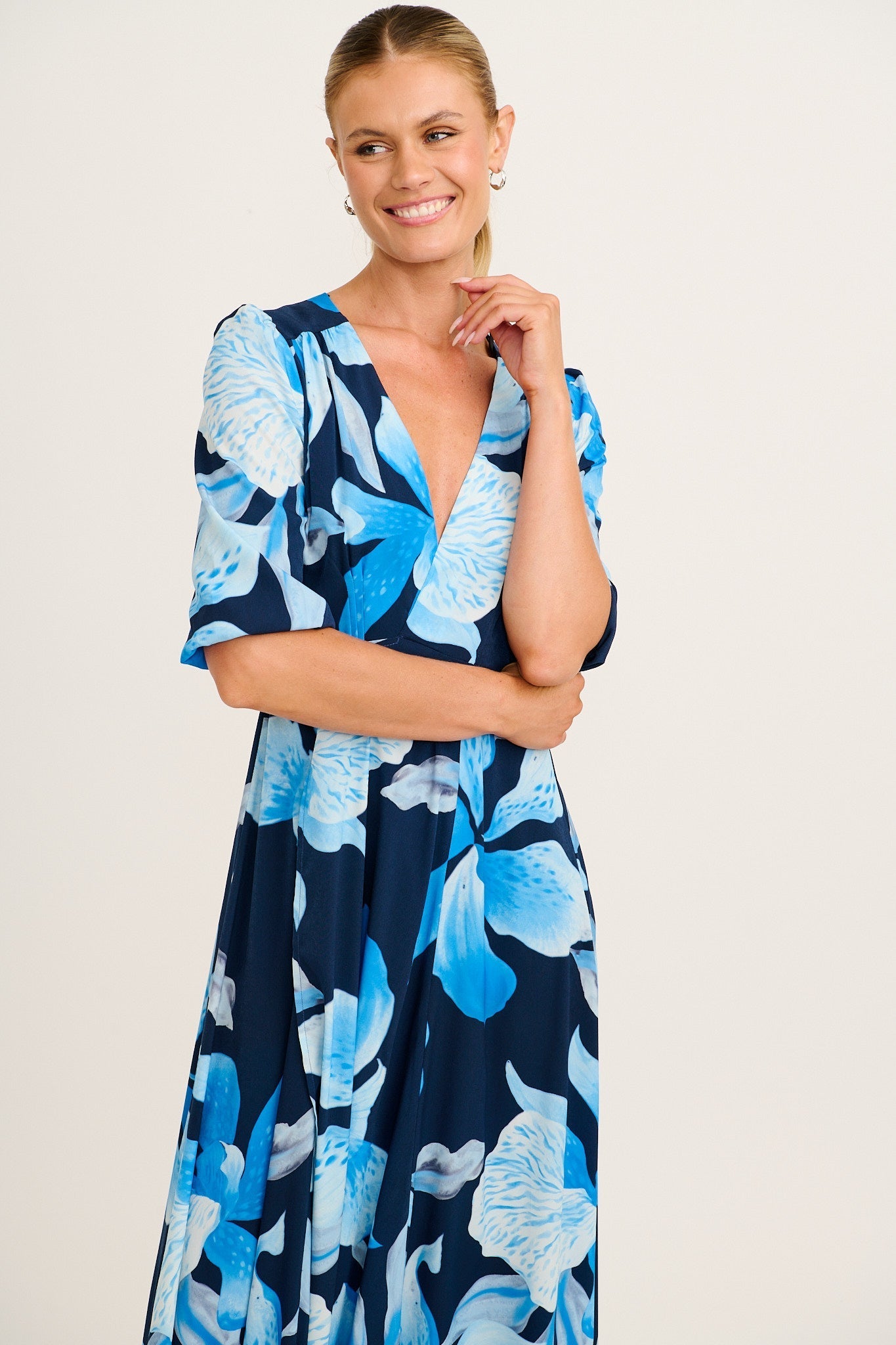 Ronda Maxi Wrap Dress in in Navy with Blue Floral OMFORT